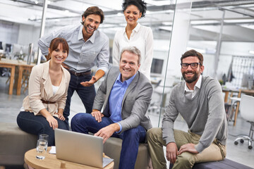 Businesspeople, portrait and laptop for teamwork at in office at creative agency for project...