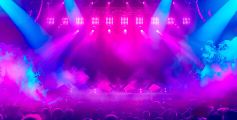 Vibrant purple and blue lighting at a crowded stage concert, copy space