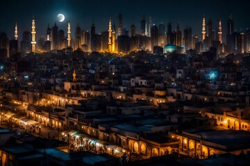 Fototapeta na wymiar A panoramic view of a bustling city skyline at night, with mosques illuminated for Ramadan prayers and the crescent moon