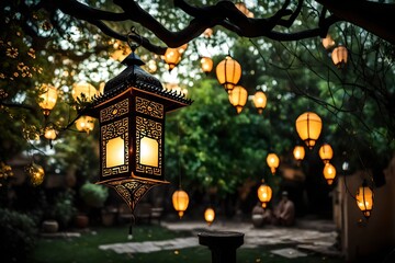 A traditional lantern hanging from a tree branch, casting a soft glow over a quiet garden during Ramadan nights.