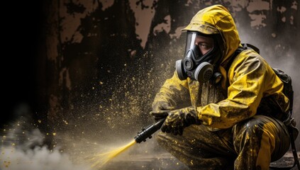 Man in radiation-proof suit applies spray for decontamination.