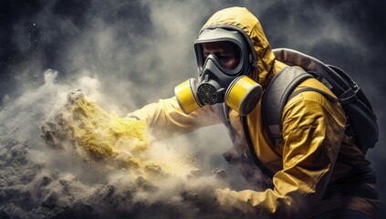 Obraz premium Man in radiation-proof suit applies spray for decontamination.
