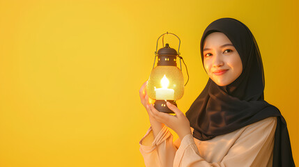 Malay hijab with traditional clothing holding Arabic lantern celebrating Ramadan isolated on a yellow background, Space for text