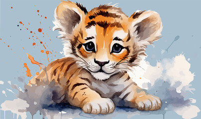 Watercolor illustration tiger cub lion cub stains splashes, children's cute cartoon room decor, photo wallpaper, print, poster, wall painting - obrazy, fototapety, plakaty