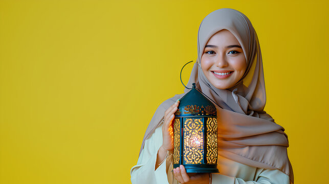Malay hijab with traditional clothing holding Arabic lantern celebrating Ramadan isolated on a yellow background, Space for text