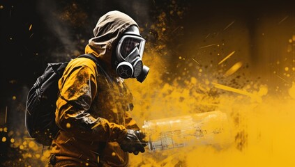 Fototapeta premium Hazmat worker in protective gear sprays radiation-contaminated area.