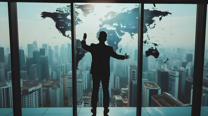 Fototapeta premium A man in a dark suit stands in front of a wall-sized window with a world map superimposed on it. He points to a spot on the map.