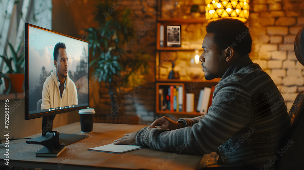 Poster a man sitting at a table in front of a computer the computer screen displayed another man.