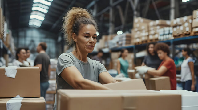 woman working in a warehouse surrounded by boxes. - Powered by Adobe