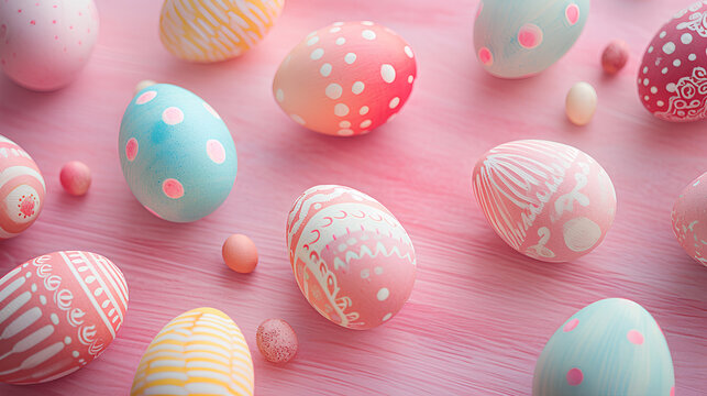 Pastel Easter eggs on pink background top view with natural light