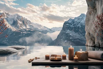 Foto auf Acrylglas Tranquil spa setting with candles on a wooden pier overlooking a serene mountain lake at dusk. © MyPixelArtStudios