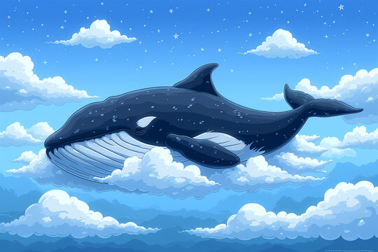 stail cartoon whale sleeping in the clouds