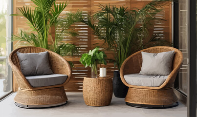 Fototapeta premium Rattan garden furniture on the balcony, terrace or roof with pots of house plants. Modern cozy eco-style home interior with greenery, tables and chairs.