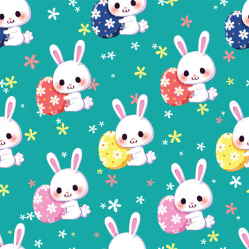 Seamless pattern cartoon of little bunny hugs an Easter egg, Easter eggs for Easter holidays. Pattern for fabric and wrapping paper, Pattern for design wallpaper and fashion prints.