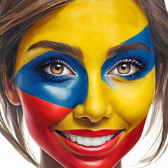 Rostro de mujer  pintado con los colores de la bandera Colombiana, concepto fans deportes - obrazy, fototapety, plakaty