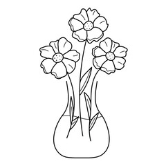 Outline line art Bouquet of flowers in vase isolated on white background  Editable stroke Vector illustration
