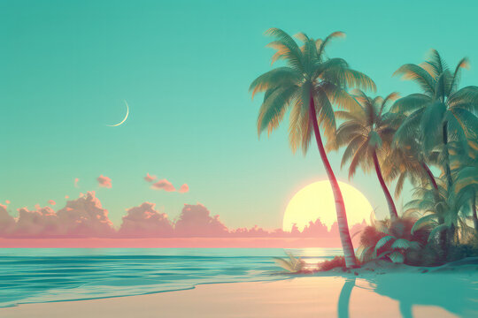 Fototapeta Drawing tropical beach summer background. Graphic illustration design. Generative ai.