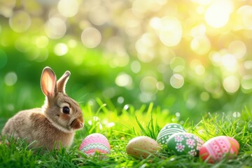 Happy Easter Eggs Basket Fast. Bunny in flower easter style decoration Garden. Cute hare 3d render pass easter rabbit spring illustration. Holy week carefree card wallpaper array