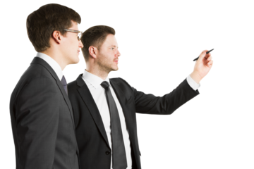 Two businessmen in suits discussing and pointing, dynamic business meeting concept