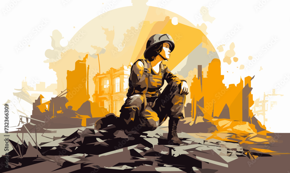 Wall mural woman soldier in ruined city isolated vector style with transparent background illustration