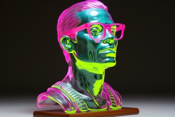 Ancient male bust with neon glasses. Greece sculpture with colorful illumination shades. Generate ai