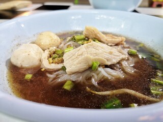Thai food, Thai street food, noodles contain pork and pork meatballs.