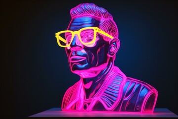 Historic Ancient male bust with neon glasses. Greece sculpture with colorful illumination shades. Generate ai