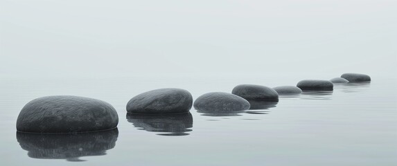 Fototapeta na wymiar Zen Path of Stepping Stones in Misty Water 