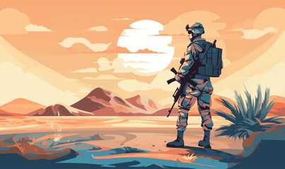 man soldier in desert isolated vector style with transparent background illustration - obrazy, fototapety, plakaty