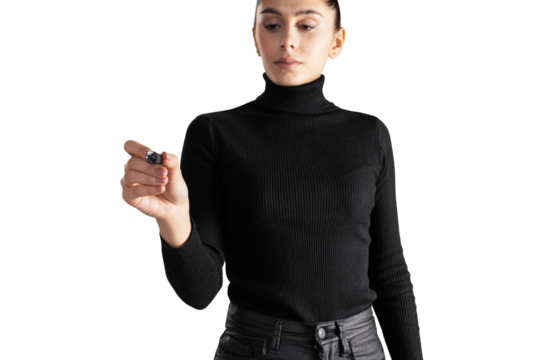 Businesswoman in black turtleneck pointing with pen, white background. Presentation concept.