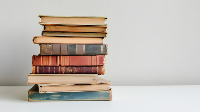 Stack of books on white table, copy space for text