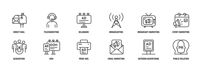 Traditional Marketing line icons set: Direct Mail, Telemarketing, Billboards Broadcasting, Event Marketing, Acquisition, OOH, Print Ads; Email Marketing, Outdoor Advertising, and Public Relations.