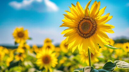 Sunflower field at sunset. Sunflower oil improves skin health and promote cell regeneration.