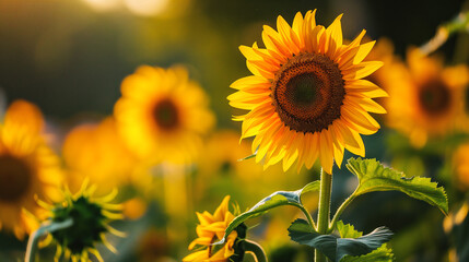 Fototapeta premium Sunflower field at sunset. Sunflower oil improves skin health and promote cell regeneration.