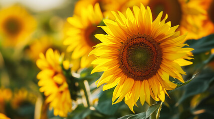Obraz premium Sunflower field at sunset. Sunflower oil improves skin health and promote cell regeneration.