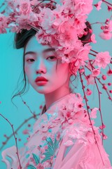 An ethereal girl with a floral crown embodies femininity and beauty, her delicate features adorned with soft pink blossoms in a stunning fashion portrait