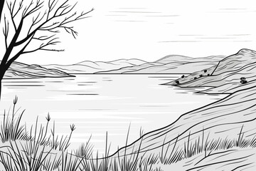 Landscape with mountain river lake forest, outline drawing vector scenery panorama	
