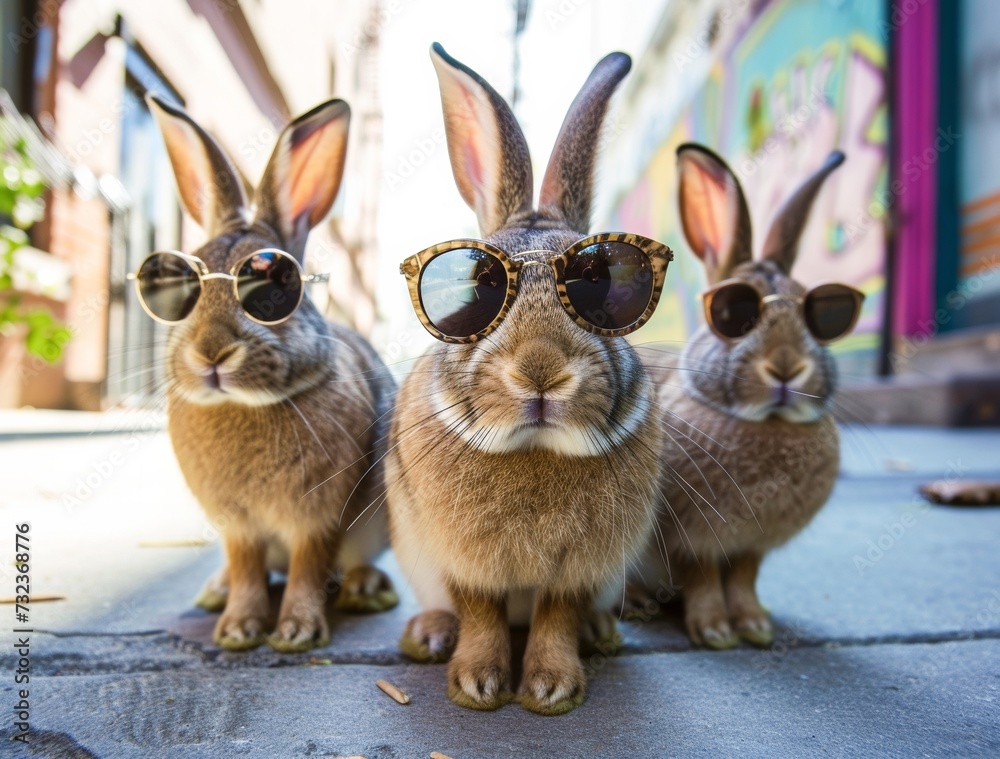 Wall mural A cool and stylish gang of rabbits sporting sunglasses, representing different species such as the audubons cottontail, mountain cottontail, pygmy rabbit, and eastern cottontail, standing confidently - Wall murals