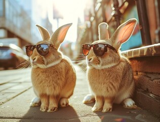 Two cool rabbits soak up the warm sun while rocking stylish shades in their natural outdoor habitat