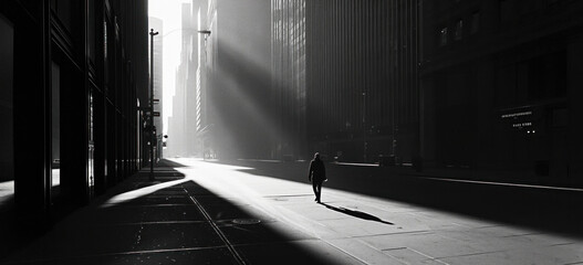Man walking alone on urban street with dramatic sun rays. Solitude in city.
