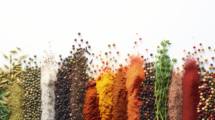 Spices arranged in colorful, neat lines on a white background