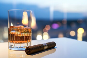 As the sun sets in the sky, a man relaxes at an outdoor bar with a glass of whiskey and a cigar, the perfect pairing for a contemplative evening