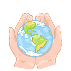 Cute hands holding the Earth cartoon
