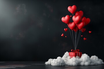Red gift box in the clouds held by red shaped balloons on a dark background with copy space