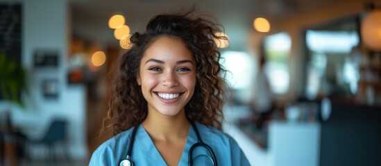 Portrait of a young happy latina woman doctor smiling looking at the camera in a blue scrub and stethoscope. - obrazy, fototapety, plakaty