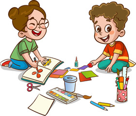 Children drawing with pencils and paints. Vector illustration of a group of children.little cute kids cut paper for art with friend.