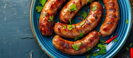 A delicious dish of blue plate topped with sausages, including Knackwurst, Mettwurst, and Italian sausage, garnished with parsley, served on a table.