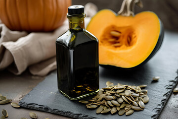 Pumpkin seed oil in a dark glass bottle with raw seeds and cut pumpkin on slate.
