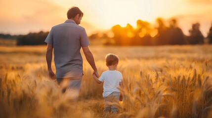 backside of a father and his young son walking hand in hand over a wheat field where the sunset is setting. Family, love, happiness, peace, stability concept. generative AI - obrazy, fototapety, plakaty