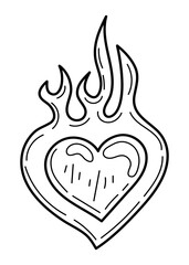 Coloring page burning heart doodle. Love flame. Hand drawn vector illustration.